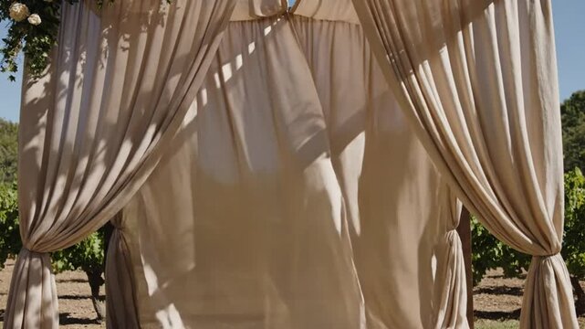 Elegant beige fabric wedding ceremony arbor with a vineyard backdrop and floral decorations under the bright sunshine