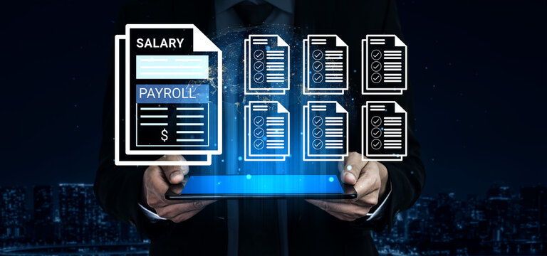 A businessman holds a tablet displaying digital payroll documents, symbolizing salary processing. The night city skyline enhances the scene, showcasing modern finance and technology. Ledger
