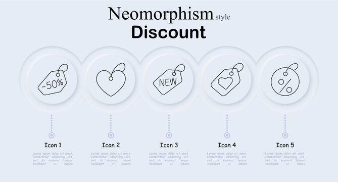 Discount set icon. Percentage label, romantic heart badge, novelty promotion marker, decorative sale emblem, circular rebate symbol, neumorphism shopping campaign assortment.