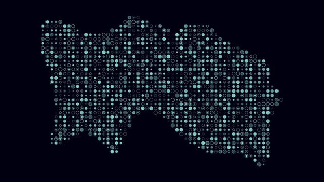 Jersey map animation. Shape of the country with pulsating colored dots. Small size circle blocks. Digital style Jersey map on dark background. Trending video.
