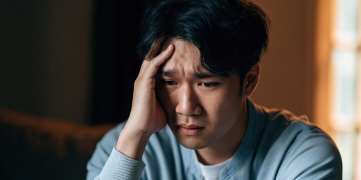 Young Man with Frustration and Sadness in a Dimly Lit Room
