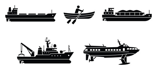 Fototapeta premium Set of varied watercraft silhouettes representing different types of vessels for transport and marine industry use