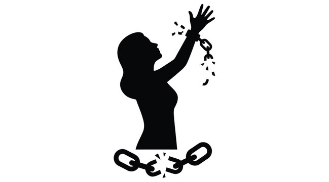 Silhouette of woman with broken chains on white background