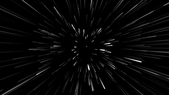 Abstract white neon light lines zooming forward into deep space tunnel with glowing speed trails explosion, sci-fi vfx background animation.