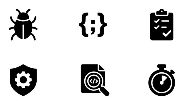 Software Development Icons: Bug, Code, Checklist, Security, Search, Stopwatch Vector Set