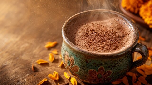 Hot Mexican chocolate with foam and cocoa powder in a rustic clay mug, on a wooden table with marigold petals and rising steam, prepared for Day of the Dead (Dia de los Muertos) celebrations.