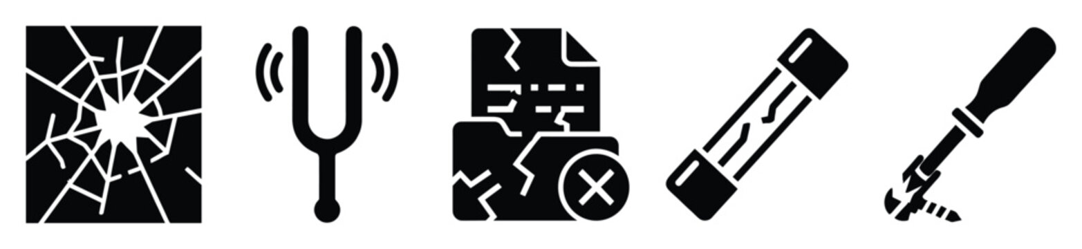 Broken and damaged failure icons including shattered glass, corrupted file, blown fuse, broken tool
