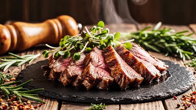 Sliced medium rare beef steak with herbs.