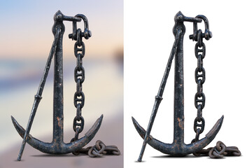 Old anchor with chain isolated on transparent background, vintage rusty iron nautical symbol PNG © Konstiantyn