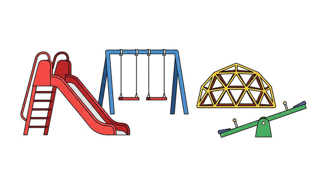 A colorful playground clipart set featuring a red slide blue swings a green seesaw and a yellow climbing dome for kids recreation