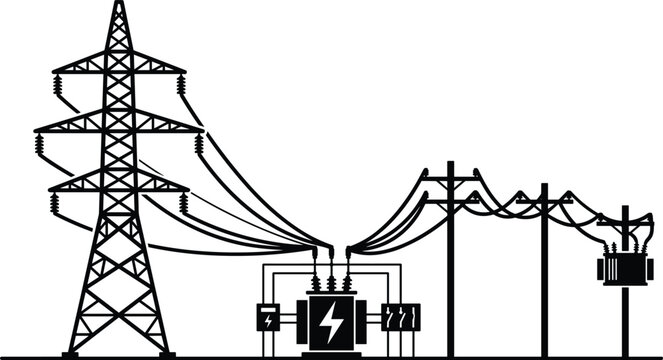 Electrical power transmission tower and transformer with power lines on white ground