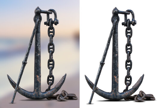 Old anchor with chain isolated on transparent background, vintage rusty iron nautical symbol PNG