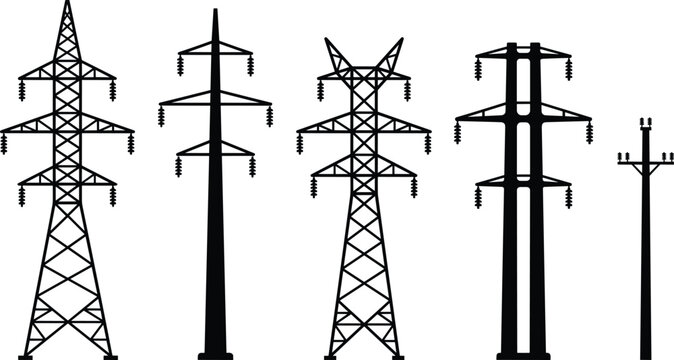 Five different types of voltage electrical transmission towers on white ground electricity