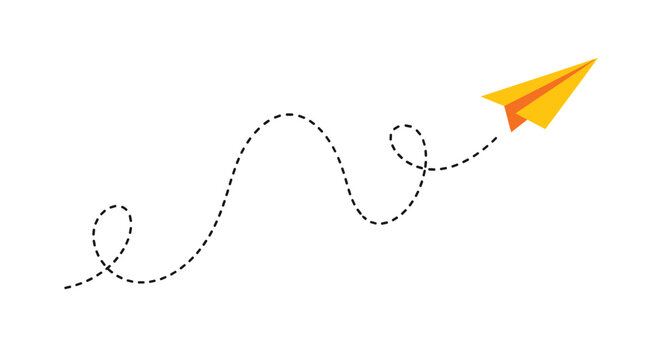 Bright yellow paper plane flying in a loopy dashed path representing travel, journey, ideas, and freedom.