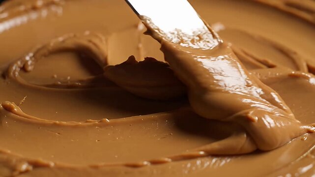 Smooth brown peanut butter spread texture.