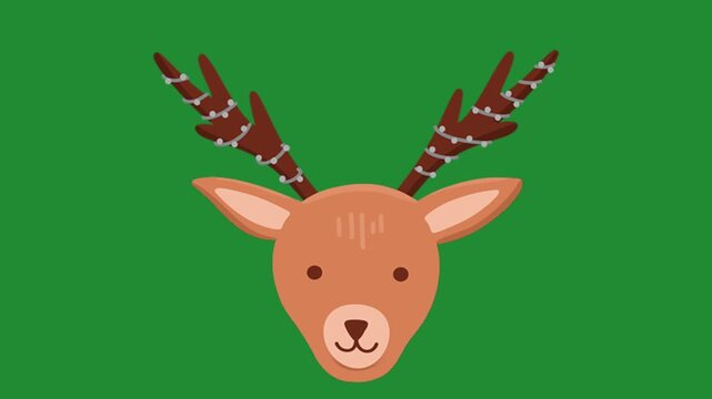 Cute cartoon reindeer head with fairy lights wrapped around its antlers on a solid green background