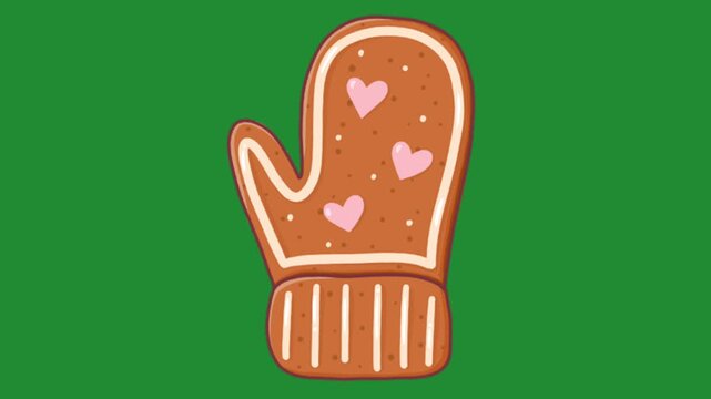 Cute gingerbread mitten cookie decorated with pink hearts on a solid green background