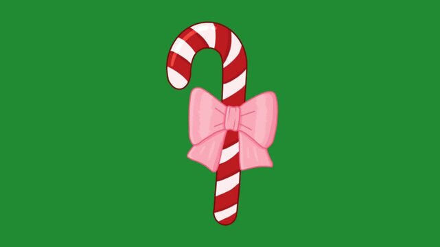 Cute cartoon candy cane with a pink bow decoration on a solid green background
