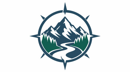 Fototapeta premium Mountain landscape inside compass rose outdoor emblem.