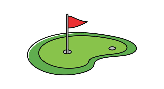Simple cartoon illustration of a green golf putting course with a red flag inside the hole on a white background.