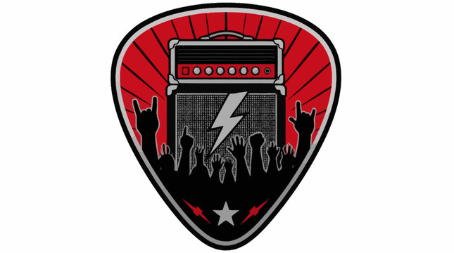 Rock music guitar pick logo with amplifier silhouette.