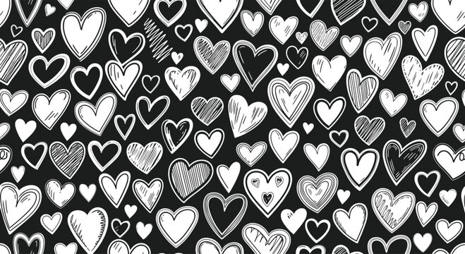 Seamless pattern background filled with countless hand drawn heart doodles of various shapes and sizes.