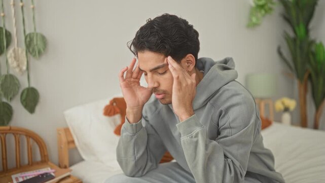 Man sitting on bed holding temples with hands, leaning forward with furrowed brow in a building bedroom; stressed introspection.