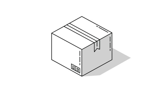 Sealed cardboard box shown in a clean isometric outline style with shipping labels and fragile markings on a light grey shadow.
