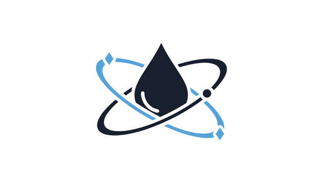 Drop of liquid surrounded by orbital rings in an atomic structure symbolizing fuel technology, chemistry, or science.