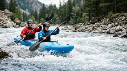 Obraz premium Two kayakers in a tandem kayak navigate a churning mountain river rapid with rocky shores in the background