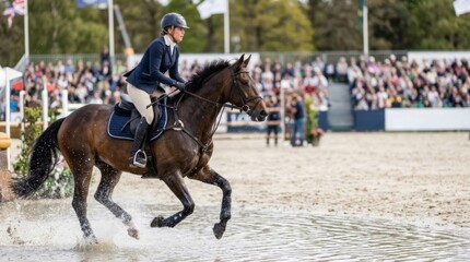 Fototapeta premium Equestrian athlete and horse splashing through water obstacle in competitive arena