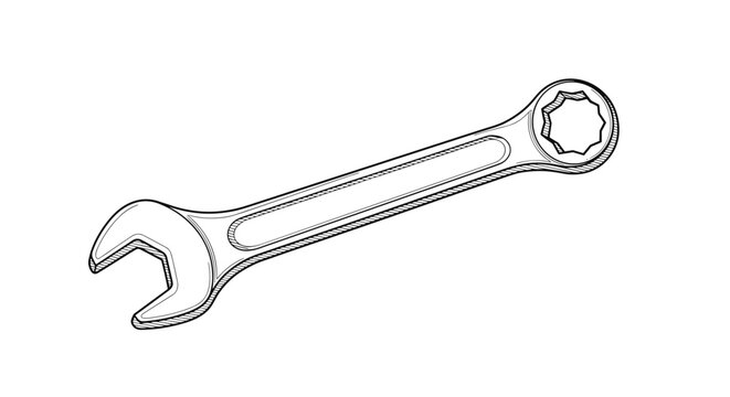 Hand drawn sketch style of a double ended combination wrench spanner tool isolated on a pure white background.