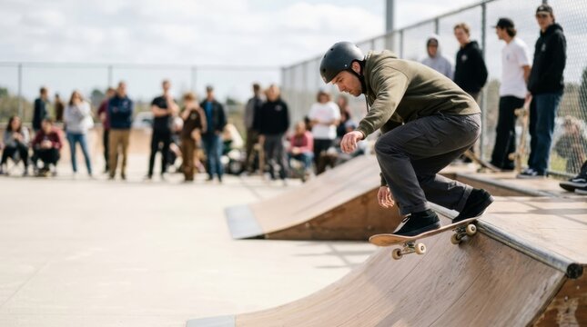 Skateboarder in action on a ramp, preparing for trick with bent knees in urban skatepark, blurred crowd background