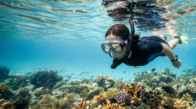 Woman snorkeling over vibrant coral reef and tropical fish, clear turquoise water with sailboat silhouette, active vacation lifestyle