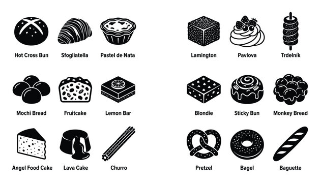 Set of diverse baked goods and dessert icons for bakery menus, food blogs, and sweet projects