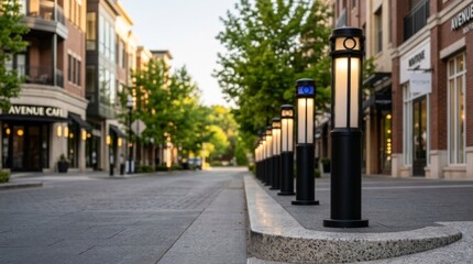 Obraz premium Row of modern street lamps receding along a quiet urban avenue with boutique storefronts and cafes, architectural design