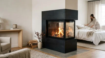 Modern dual-sided fireplace warming a cozy bedroom with neutral tones and natural light, creating an intimate retreat © SashaMagic