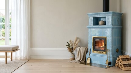 Obraz premium Bright Scandinavian living room corner with blue tiled stove, linen throw, and natural light for a cozy, modern aesthetic.