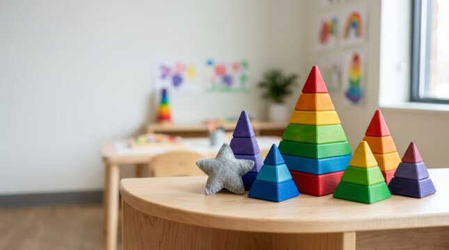 Colorful wooden stacking pyramids and felt star on a rounded shelf in a modern kindergarten classroom, providing copy space