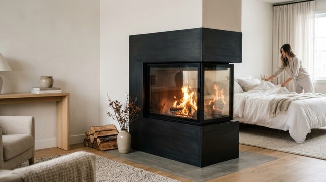Modern dual-sided fireplace warming a cozy bedroom with neutral tones and natural light, creating an intimate retreat
