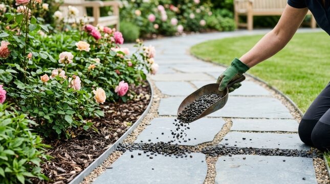 Gardener adding dark basalt edging stones to a winding bluestone path between rose beds in a bright modern garden