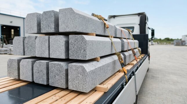 Granite curbs stacked on truck flatbed for urban infrastructure delivery, construction logistics