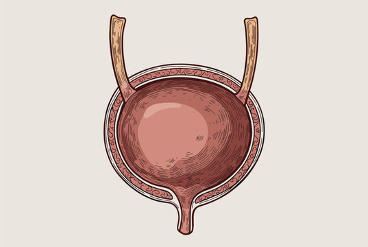 Anatomical medical illustration of a human bladder with ureters and urethra details in a classic engraved vintage style.