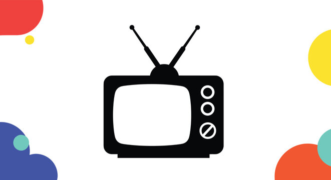 Silhouette of a retro television set with a classic rabbit ear antenna surrounded by colorful abstract shapes in the corners.