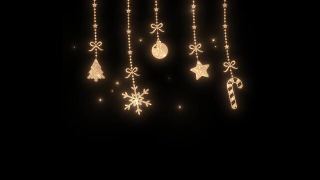 Hanging golden glowing glitter christmas ornaments video animation on black background for holiday winter project