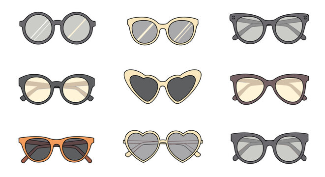 Colorful set of fashionable sunglasses and eyeglasses in various retro frames and shapes isolated on white background.