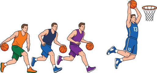Basketball Player Motion Sequence Showing Dribbling And Slam Dunk In Colorful Sports Uniforms © Rajib