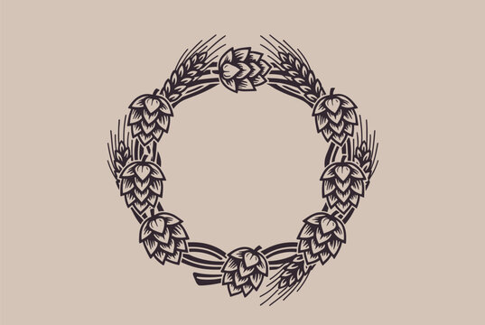 Circular wreath composed of stylized hop cones and wheat ears is illustrated in a classic monochrome design.