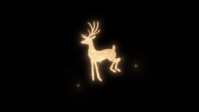 Glowing golden glitter reindeer video animation on black background for Christmas holiday winter project