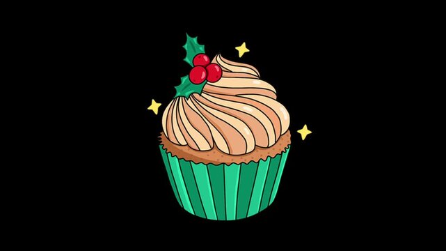 Christmas cupcake with holly berries video animation on black background for holiday winter project